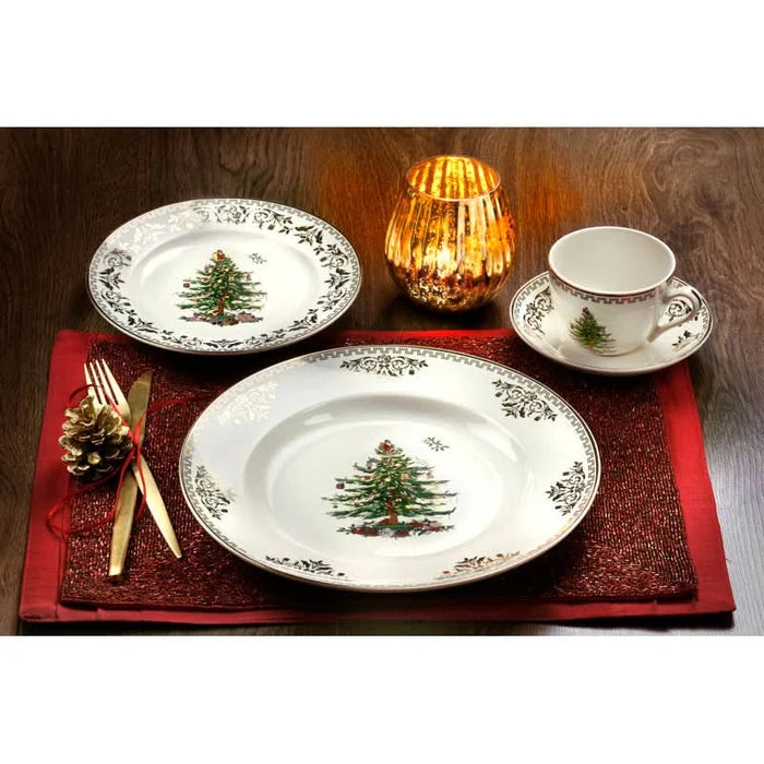 Conjunto Natalino de 4 Peças – Estampa de Árvore de Natal com Detalhes Dourados