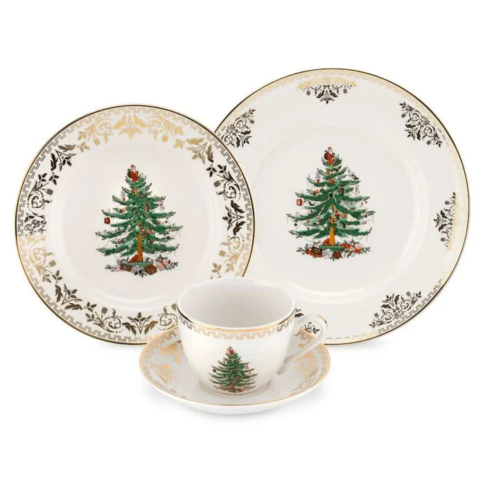 Conjunto Natalino de 4 Peças – Estampa de Árvore de Natal com Detalhes Dourados
