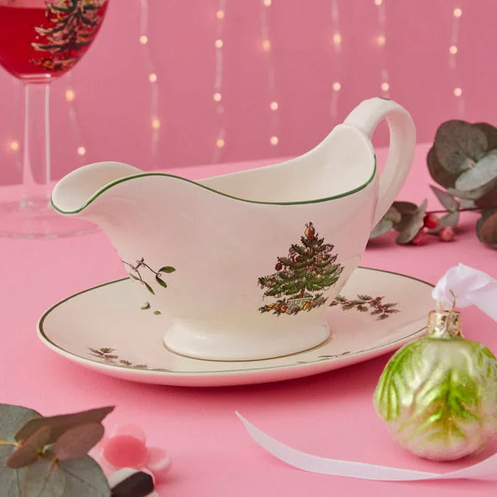 Conjunto de Chaleira e Pires com Estampa de Árvore de Natal