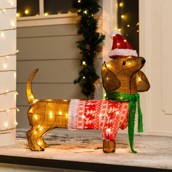 Lanterna Decorativa de Jardim em Forma de Cachorro Salsicha – 40 LEDs Brancos Quentes, 61 cm de Charme Natalino