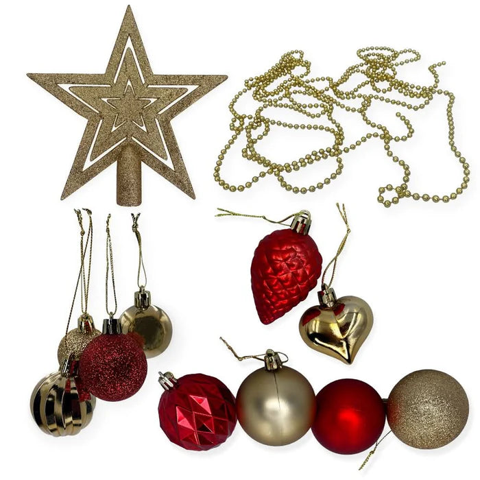 Conjunto Completo de Enfeites de Natal - Bolas e Estrelas em Tons Dourados e Vermelhos