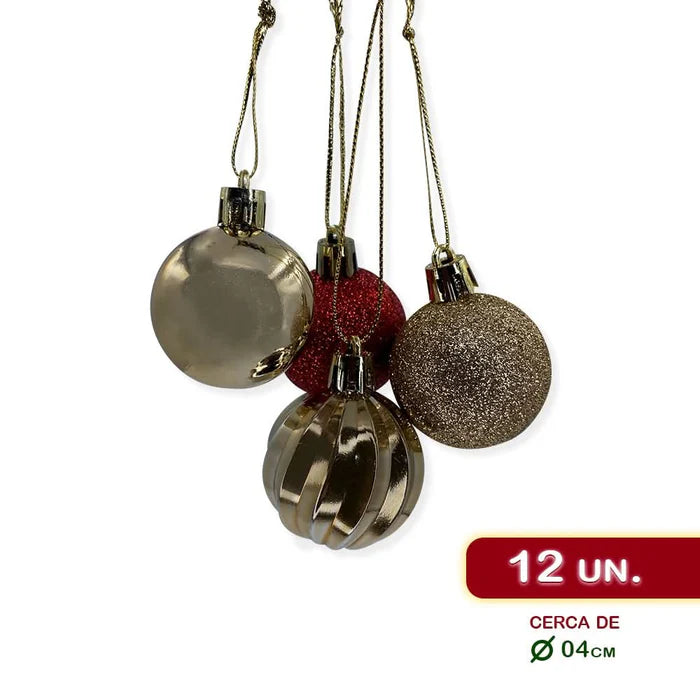 Conjunto Completo de Enfeites de Natal - Bolas e Estrelas em Tons Dourados e Vermelhos