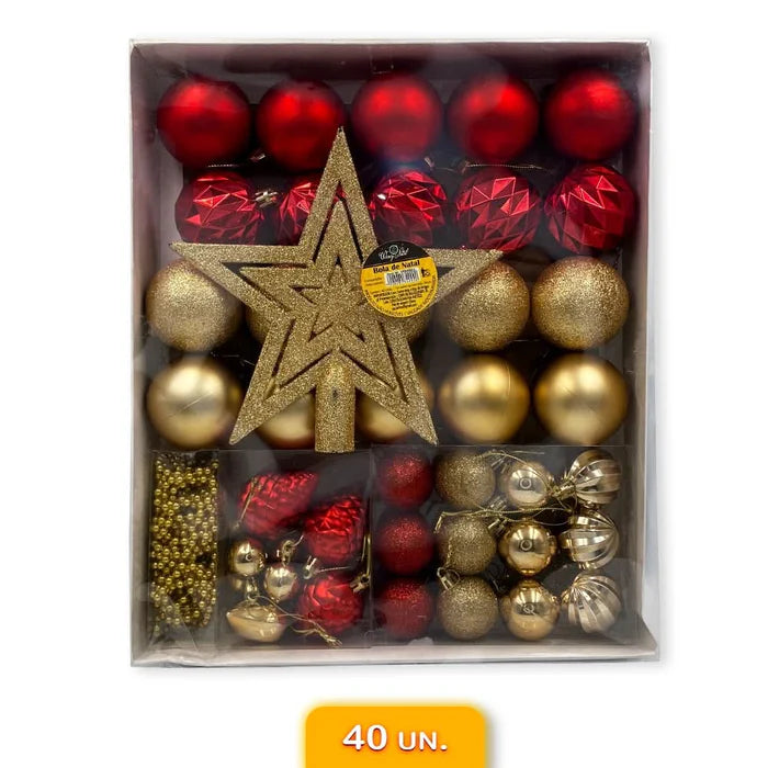 Conjunto Completo de Enfeites de Natal - Bolas e Estrelas em Tons Dourados e Vermelhos