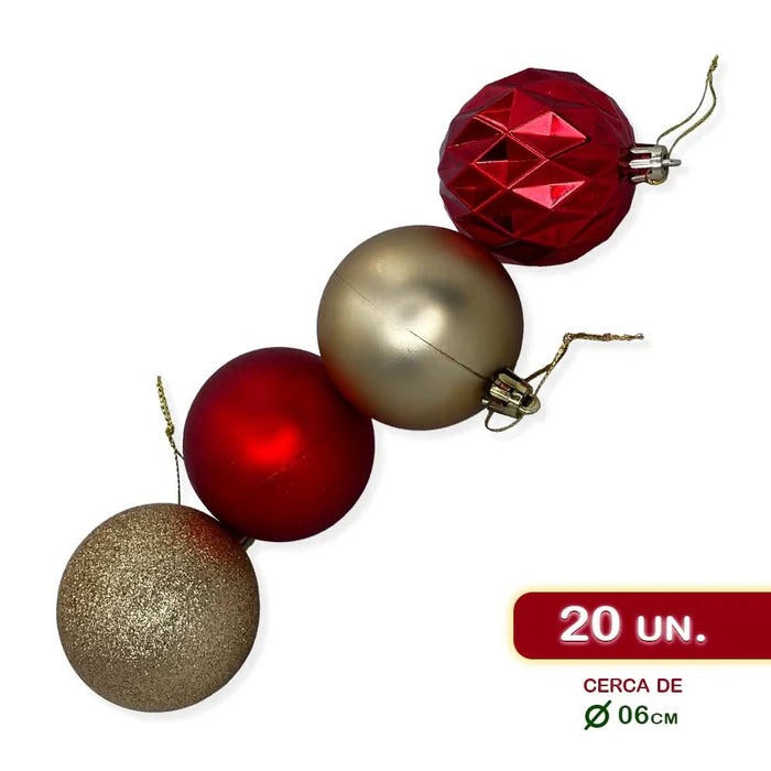 Conjunto Completo de Enfeites de Natal - Bolas e Estrelas em Tons Dourados e Vermelhos
