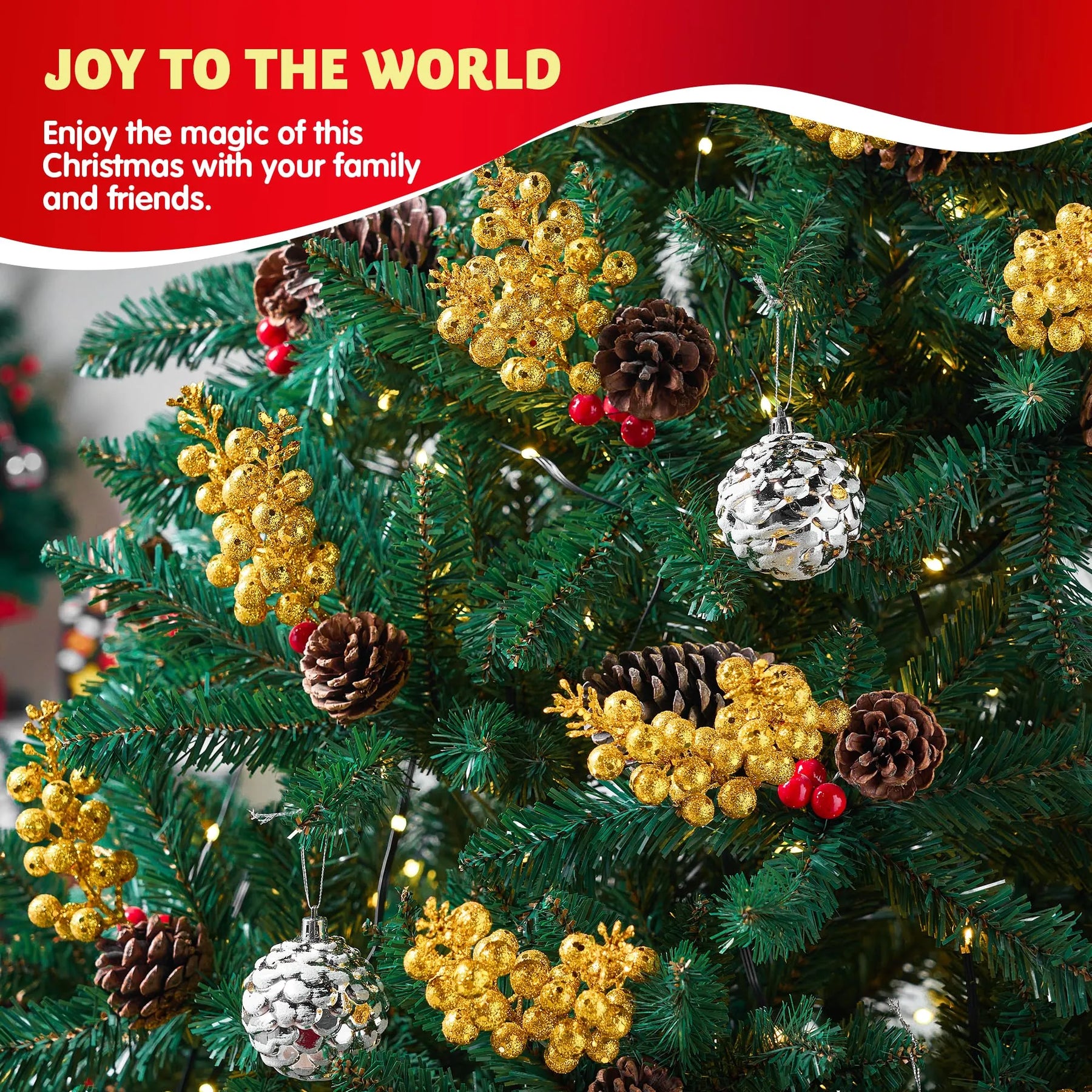 Conjunto de 18 Galhos de Baga Dourada Artificial com Glitter