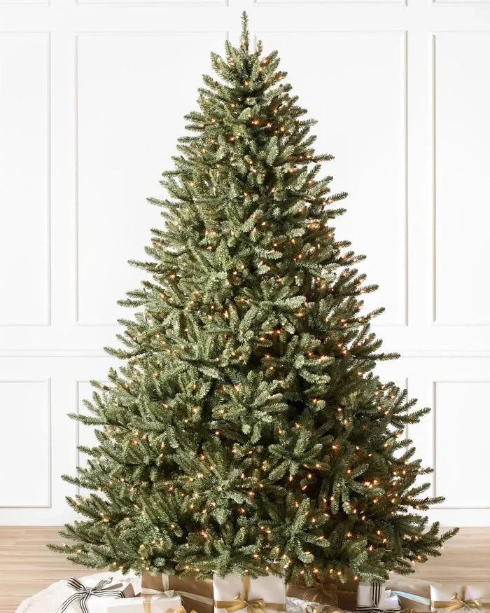 Árvore de Natal Blue Spruce com Galhos Flexíveis, Base Metálica e Luzes LED Embutidas