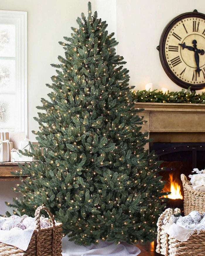 Árvore de Natal Blue Spruce com Galhos Flexíveis, Base Metálica e Luzes LED Embutidas