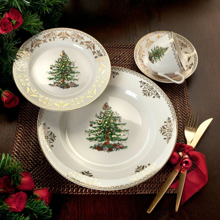 Conjunto Natalino de 4 Peças – Estampa de Árvore de Natal com Detalhes Dourados
