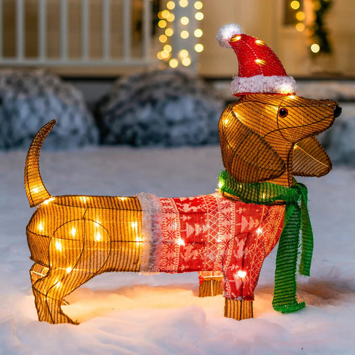 Lanterna Decorativa de Jardim em Forma de Cachorro Salsicha – 40 LEDs Brancos Quentes, 61 cm de Charme Natalino