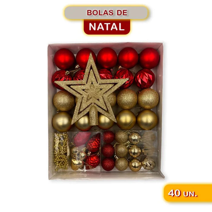 Conjunto Completo de Enfeites de Natal - Bolas e Estrelas em Tons Dourados e Vermelhos