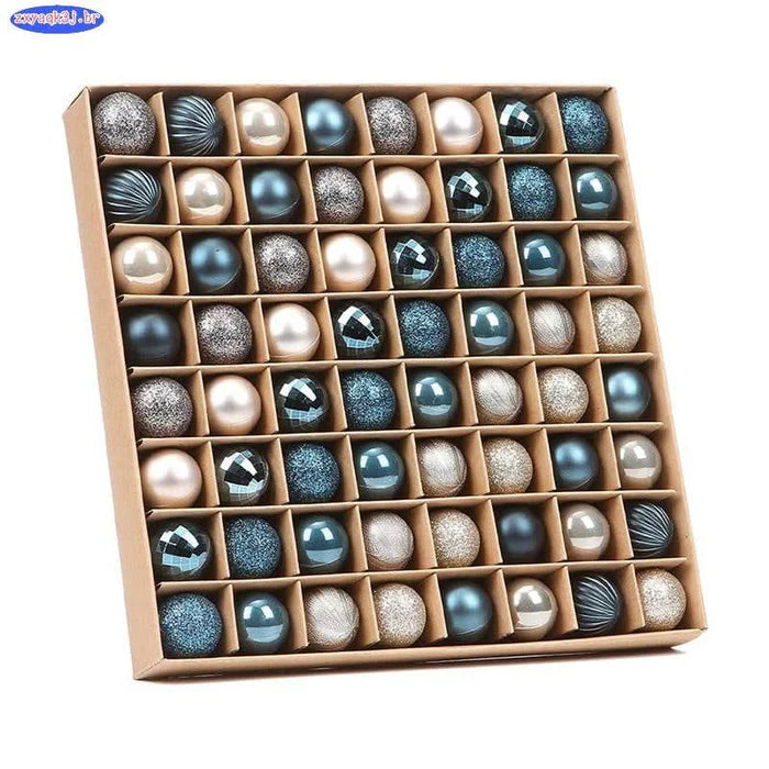 Conjunto com 64 Bolas de Natal nas Cores Ouro e Azul